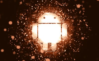 Logotipo marrom android, 4k, luzes de neon marrom, criativo, fundo abstrato marrom, logotipo Android, OS, Android