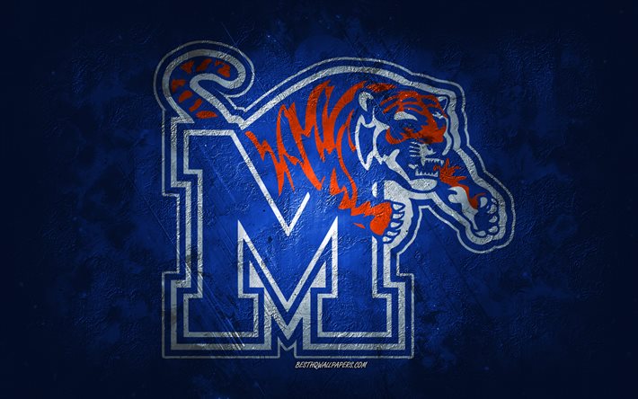 Memphis Tigers, time de futebol americano, fundo azul, logotipo do Memphis Tigers, arte grunge, NCAA, futebol americano, EUA, Memphis Tigers emblema