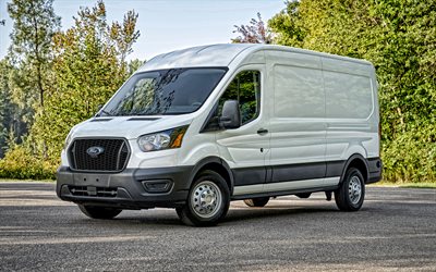 2021, Ford Transit, 4k, front view, exterior, Full-Size Cargo Van, new white Transit, American cars, Ford