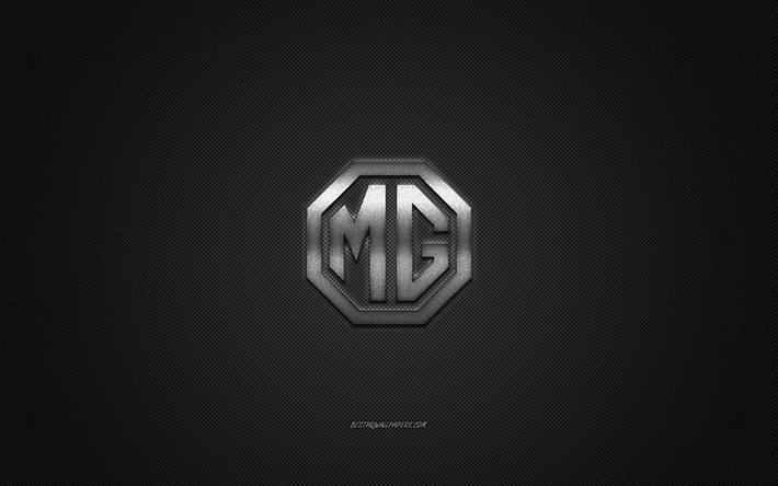 Logo MG, logo argent&#233;, fond en fibre de carbone grise, embl&#232;me en m&#233;tal MG, MG, marques automobiles, art cr&#233;atif