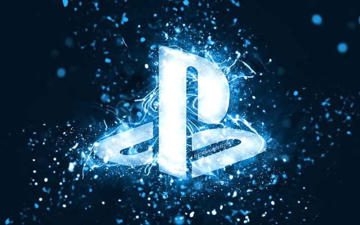 PlayStation blue logo, 4k, blue neon lights, creative, blue abstract background, PlayStation logo, PlayStation