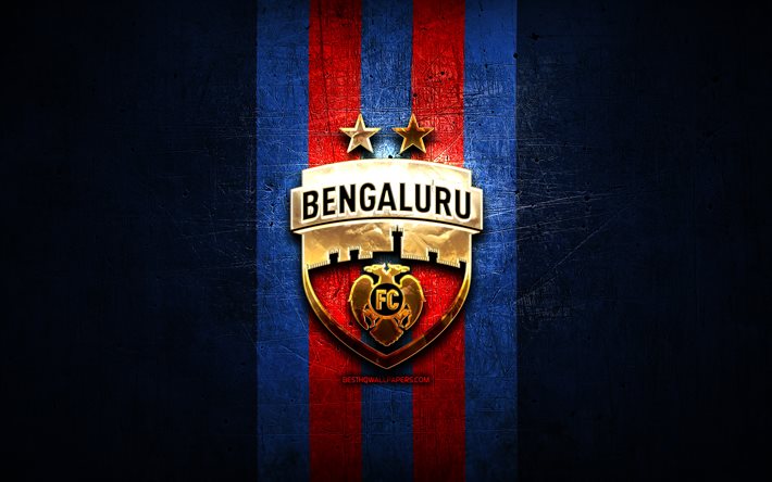 Bengaluru FC, golden logo, ISL, blue metal background, football, indian football club, Bengaluru FC logo, soccer, India, FC Bengaluru