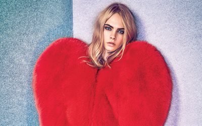 Cara Delevingne, Red heart, british top model, blond, beautiful young woman