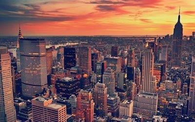 نيويورك, 4k, غروب الشمس, مبنى إمباير ستيت, مساء, مانهاتن, الولايات المتحدة الأمريكية, ناطحات السحاب