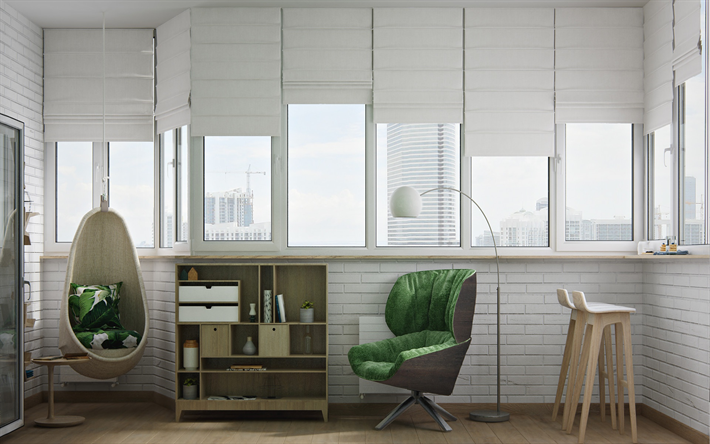 stylish interior, modern design, office, hanging chair, light interior