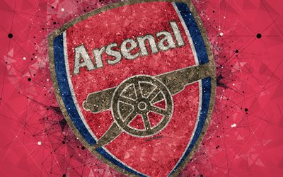 Arsenal FC, 4k, logotyp, geometriska art, Engelska football club, kreativa emblem, red abstrakt bakgrund, Premier League, London, STORBRITANNIEN, fotboll