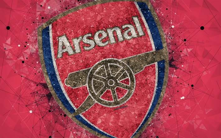 Arsenal FC, 4k, logo, geometric art, English football club, creative emblem, red abstract background, Premier League, London, UK, football