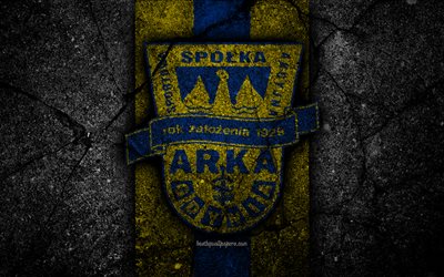 Arka Gdynia FC, 4k, logo, Ekstraklasa, soccer, football, black stone, Poland, Arka Gdynia, football club, asphalt texture, FC Arka Gdynia
