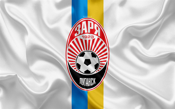 FC Zoryaルガンスクの両, 4k, ウクライナのサッカークラブ, ロゴ, シルクの質感, 白旗, ウクライナプレミアリーグ, ウクライナのフラグ, Lugansk, ウクライナ, サッカー