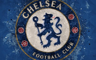 Chelsea FC, 4k, logo, geometric art, English football club, creative emblem, blue abstract background, Premier League, London, UK, football