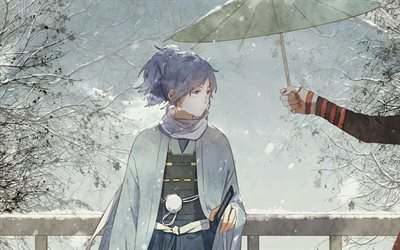 Touken Ranbu, kvinnlig anime tecken, konst, regn, paraply, V&#229;ldsamma Bladet Dans, Yamato no kami yasusada