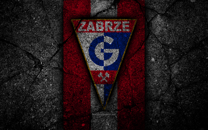 Gornik Zabrze FC, 4k, logo, premier league, soccer, football, black stone, Polonia, Gornik Zabrze, football club, asphalt texture, FC Gornik Zabrze