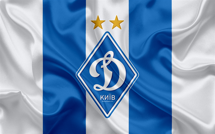 FC Dynamo Kyiv, 4k, Ukrainan football club, logo, silkki tekstuuri, valkoinen sininen lippu, Ukrainan Premier League, Kiovan, Ukraina, jalkapallo