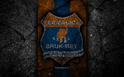 Bruk-Bet Termalica for friday FC, 4k, logo, premier league, soccer, football, black stone, Polonya, Bruk-Bet Termalica for friday, football club, asphalt texture, FC Bruk-Bet Termalica for friday