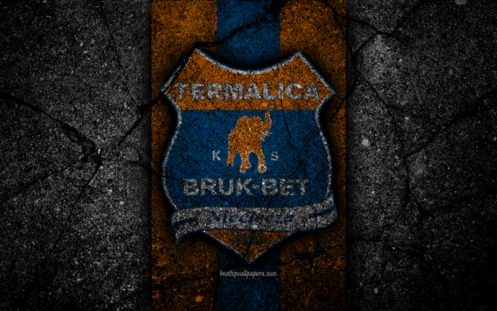 Bruk-Bet Termalica Nieciecza FC, 4k, logo, Ekstraklasa, soccer, football, black stone, Poland, Bruk-Bet Termalica Nieciecza, football club, asphalt texture, FC Bruk-Bet Termalica Nieciecza