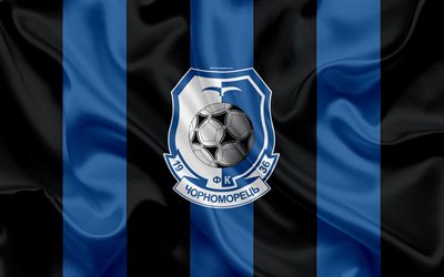 FC Chornomorets Odesa, 4k, Ukrainian football club, logo, silk texture, black and blue flag, Ukrainian Premier League, Odesa, Ukraine, football