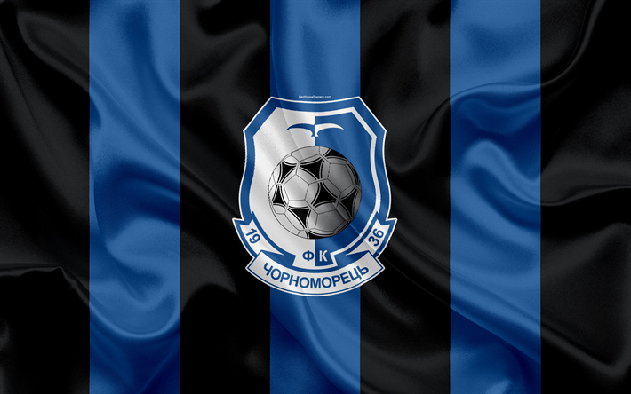 FC Chornomorets أوديسا, 4k, الأوكراني لكرة القدم, شعار, نسيج الحرير, الأسود والأزرق العلم, الدوري الأوكراني الممتاز, أوديسا, أوكرانيا, كرة القدم