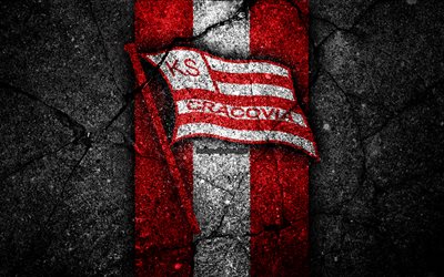 Cracovia FC, 4k, logotipo, Ekstraklasa, de f&#250;tbol, de piedra negra, Polonia, Cracovia, club de f&#250;tbol, el asfalto, la textura, el FC Cracovia