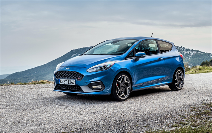 Ford Fiesta ST, 2018, 3-Door, exterior, front view, blue hatchback, new blue Fiesta, American cars, Ford