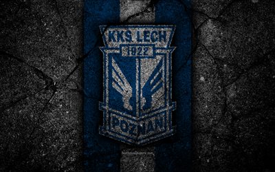 Lech Poznan FC, 4k, logotyp, Ekstraklasa, fotboll, svart sten, Polen, Lech Poznan, football club, asfalt konsistens, FC Lech Poznan