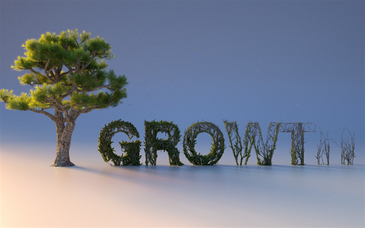 o crescimento conceitos, creative 3D letras, conceitos de neg&#243;cios, &#225;rvores, arbustos