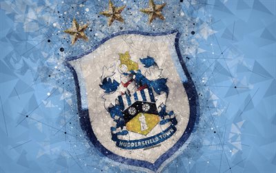 Huddersfield Town AFC, 4k, logotyp, geometriska art, Engelska football club, kreativa emblem, bl&#229; abstrakt bakgrund, Premier League, Huddersfield, STORBRITANNIEN, fotboll