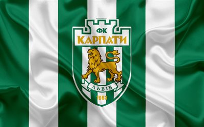 FC Karpaty Lviv, 4k, Ukrainian football club, logo, silk texture, green white flag, Ukrainian Premier League, Lviv, Ukraine, football