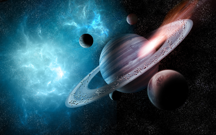 Saturnus, asteroidit, aurinkokunnan, planeetat, galaxy, sci-fi, t&#228;hdet