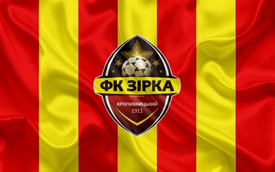 FC Zirka Kropyvnytskyi, 4k, Ukrainian football club, logo, silk texture, red yellow flag, Ukrainian Premier League, Kropiwnicki, Ukraine, football