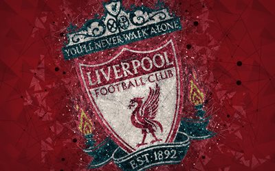 Liverpool FC, 4k, logotyp, geometriska art, Engelska football club, kreativa emblem, red abstrakt bakgrund, Premier League, Liverpool, F&#246;renade Kungariket, fotboll