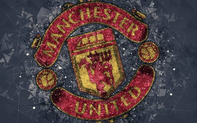 Manchester United FC, 4k, logo, geometric art, English football club, creative emblem, gray abstract background, Premier League, Manchester, United Kingdom, football
