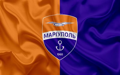 FC Mariupol, 4k, Ukrainian football club, logo, silk texture, orange purple flag, Ukrainian Premier League, Mariupol, Ukraine, football