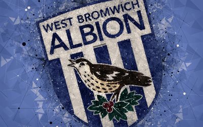 West Bromwich Albion FC, 4k, logo, geometrinen taide, Englannin football club, luova tunnus, sininen abstrakti tausta, Premier League, West Bromwich, UK, jalkapallo