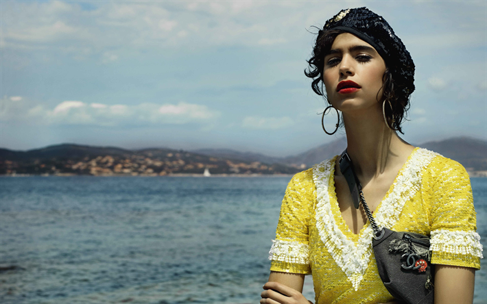 Mica Arganaraz, retrato, argentina modelo superior, sesi&#243;n de fotos, el vestido amarillo, cara, maquillaje, moda, modelo de
