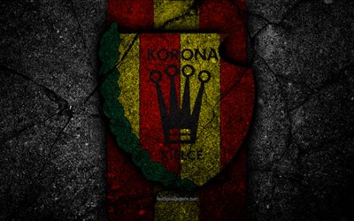 Korona Kielce FC, 4k, logo, Ekstraklasa, soccer, football, black stone, Poland, Korona Kielce, football club, asphalt texture, FC Korona Kielce