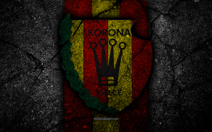 Korona Kielce FC, 4k, logo, T&#252;rk Kupası, futbol, siyah taş, Polonya, Korona Kielce, Futbol Kul&#252;b&#252;, asfalt doku, FC Korona Kielce