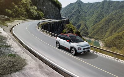 Citroen C4 Cactus, 2018, exterior, front view, new white C4 Cactus, compact crossover, mountain road, Japan, French cars, Citroen