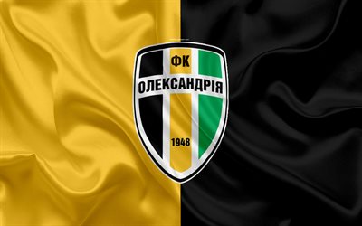 FC Oleksandriya, 4k, Ukrainan football club, logo, silkki tekstuuri, keltainen musta lippu, Ukrainan Premier League, Alexandria, Ukraina, jalkapallo