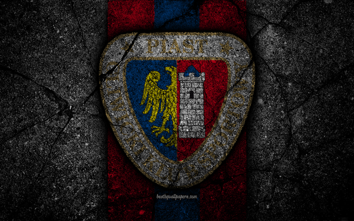 Piast Gliwice FC, 4k, logo, champion de pologne, de soccer, de football, black stone, Poland, Piast Gliwice, club de football, l&#39;asphalte, les textures, les FC Piast Gliwice