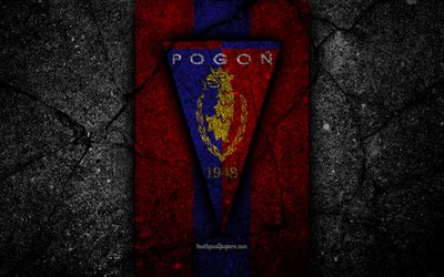 Pogon Szczecin FC, 4k, logo, Ekstraklasa, soccer, football, black stone, Poland, Pogon Szczecin, football club, asphalt texture, FC Pogon Szczecin