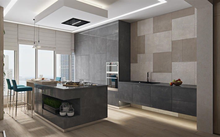 elegante cinza cozinha, espa&#231;o aberto, tectos altos, um design interior moderno