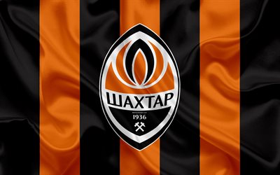 L&#39;FC Shakhtar Donetsk, 4k, ucraino football club, logo, seta, trama, arancione, bandiera nera, Premier League ucraina, a Donetsk, in Ucraina, calcio