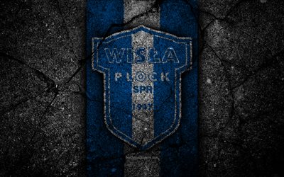 Wisla Plock FC, 4k, logo, Ekstraklasa, soccer, football, black stone, Poland, Wisla Plock, football club, asphalt texture, FC Wisla Plock