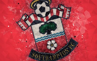 Southampton FC, 4k, logo, geometric art, English football club, creative emblem, red abstract background, Premier League, Southampton, UK, football