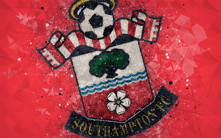 Southampton FC, 4k, شعار, الهندسية الفنية, الإنجليزية لكرة القدم, الإبداعية شعار, الأحمر الملخص الخلفية, الدوري الممتاز, ساوثامبتون, المملكة المتحدة, كرة القدم