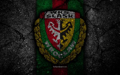 Slask Wroclaw FC, 4k, logo, Ekstraklasa, soccer, football, black stone, Poland, Slask Wroclaw, football club, asphalt texture, FC Slask Wroclaw
