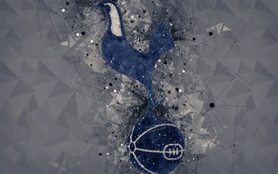 Tottenham Hotspur FC, 4k, logo, geometric art, English football club, creative blue emblem, gray abstract background, Premier League, London, UK, football