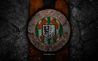 Zaglebie Lubin FC, 4k, logo, Ekstraklasa, soccer, football, black stone, Poland, Zaglebie Lubin, football club, asphalt texture, FC Zaglebie Lubin