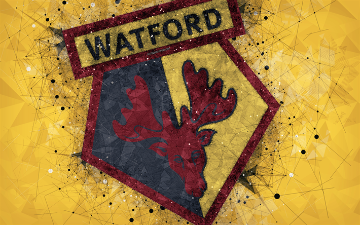 Watford FC, 4k, logo, geometrik sanat, İngiliz futbol kul&#252;b&#252;, yaratıcı amblemi, sarı soyut arka plan, Premier Lig, Watford, İNGİLTERE, futbol