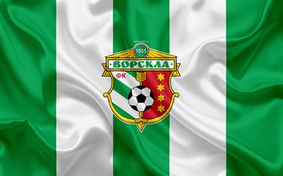 FC Vorskla Poltava, 4k, Ukrainian football club, logo, silk texture, green white flag, Ukrainian Premier League, Poltava, Ukraine, football